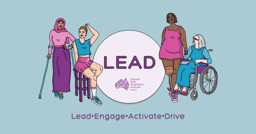 Light purple circle with the Heading LEAD, underneath the circle is the words Lead, Engage, Activate, Drive. The words are surrounded by four illustrations of women with different disabilities, different ages and races. the background is light blue