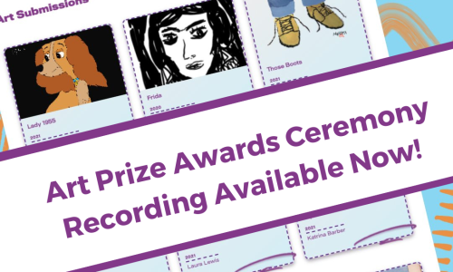 Screenshot from the Art Prize online gallery, showing thumbnails of 6 art works. Behind the screenshot is a blue background with orange swirls and the WWDA LEAD logo in purple. The image is overlaid with purple text on a white banner reading:'Art Prize Awards Ceremony Recording Available Now.'
