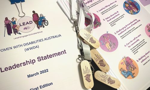 Photo of some of the items on the registration page at the Leadership week. One document is called the Leadership statement and some USB's with the WWDA logo