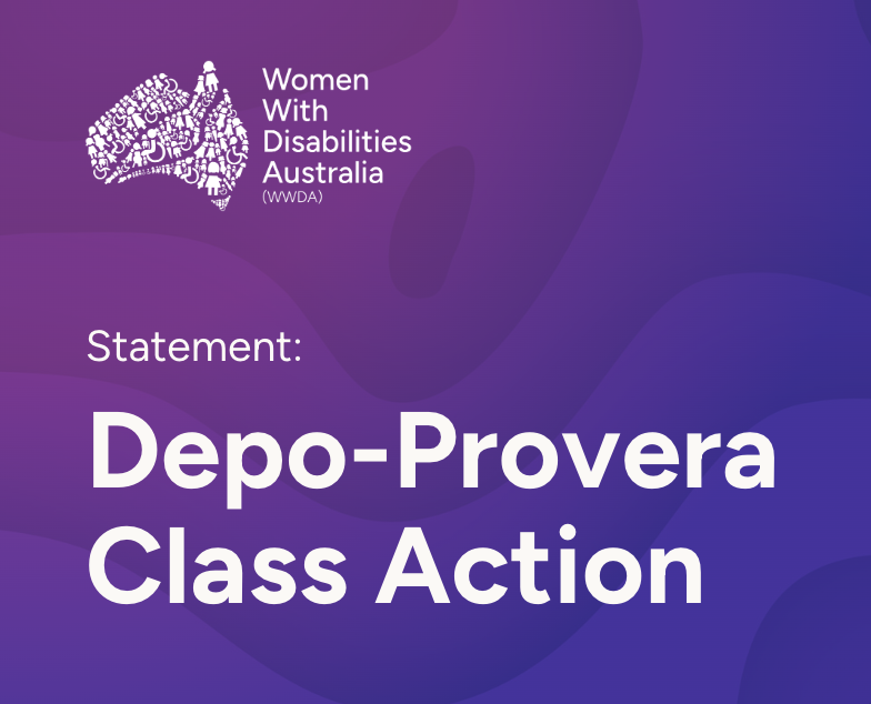 Purple to blue gradient background. WWDA logo in top-left corner. White text says: "Statement: Depo-Provera Class Action".