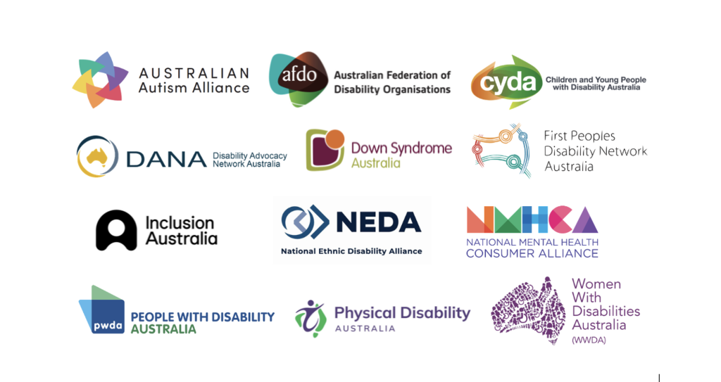 Alt text for image: Composite logos of 12 endorsing organisations: Australian Autism Alliance • Australian Federation of Disability Organisations • Children and Young People with Disability Australia • Community Mental Health Australia • Disability Advocacy Network Australia • Down Syndrome Australia Consortium • First Peoples Disability Network Australia • Inclusion Australia • National Ethnic Disability Alliance • People with Disability Australia • Physical Disability Australia • Women With Disabilities Australia