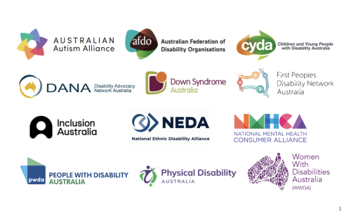 Alt text for image: Composite logos of 12 endorsing organisations: Australian Autism Alliance  •  Australian Federation of Disability Organisations  •  Children and Young People with Disability Australia  •  Community Mental Health Australia  •  Disability Advocacy Network Australia  •  Down Syndrome Australia Consortium  •  First Peoples Disability Network Australia  •  Inclusion Australia  •  National Ethnic Disability Alliance  •  People with Disability Australia  •  Physical Disability Australia  •  Women With Disabilities Australia